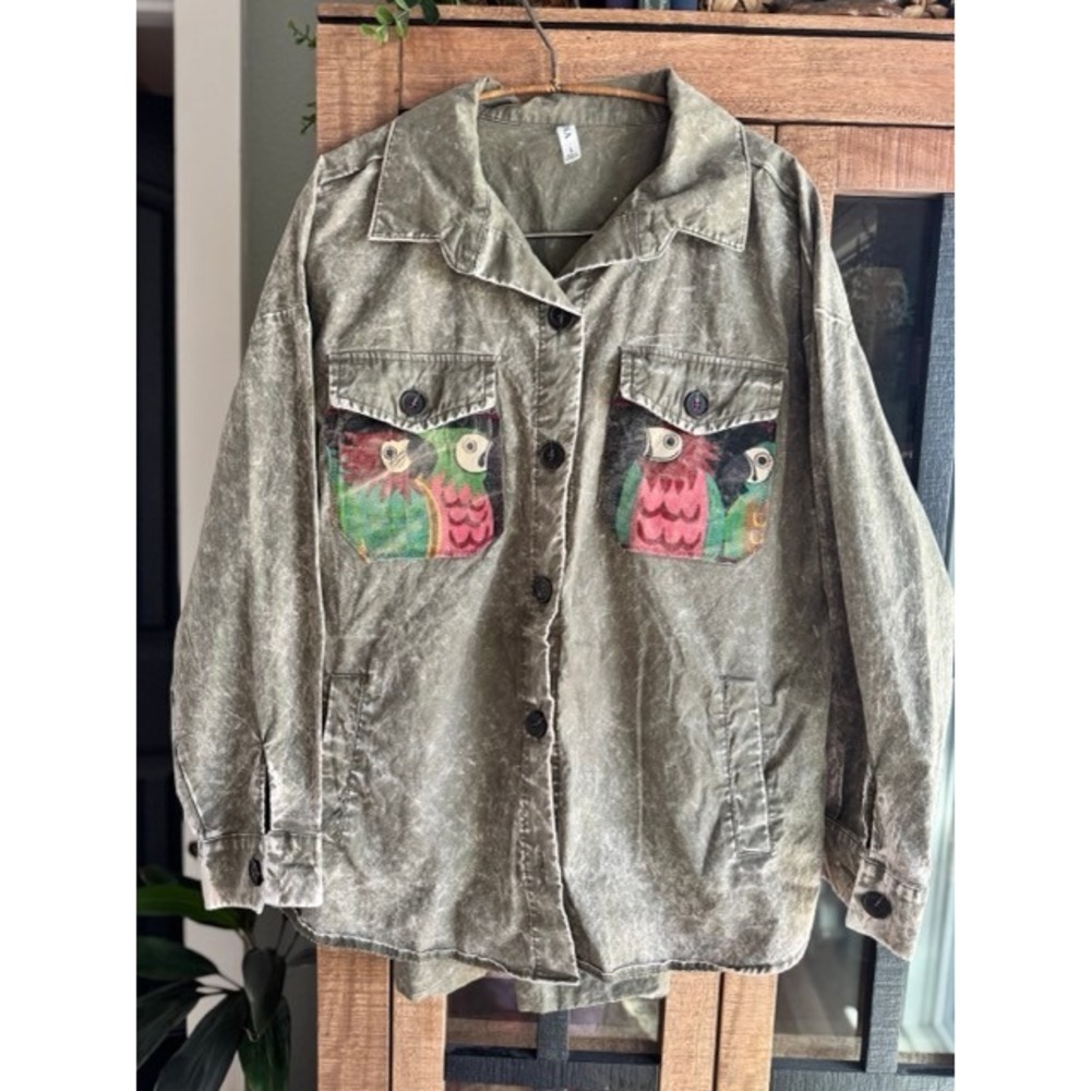 Upcycled Zenana Mineral Wash Green Parrot Graphic Cotton Shacket womens L